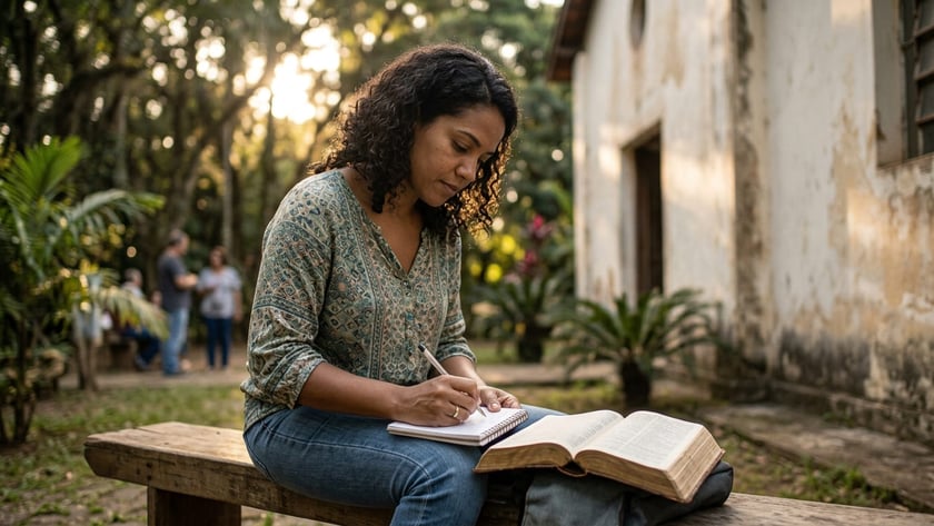 Mulher de cabelo cacheado escreve em caderno, com Bíblia aberta no colo, sentada ao ar livre.