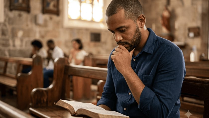 Homem de barba lê uma Bíblia sentado em um banco de igreja de pedra.
