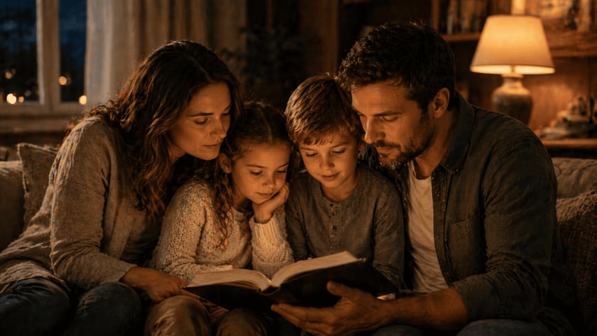 Família com dois filhos lendo juntos um livro grande no sofá, ao lado de uma luminária.