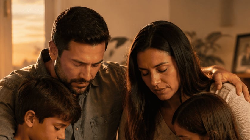 Família de quatro pessoas abraçada na sala, de olhos fechados, com as mãos unidas.