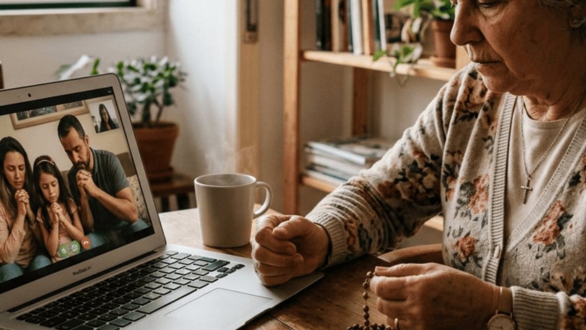 Idosa segura um terço diante de um notebook que mostra uma família rezando.