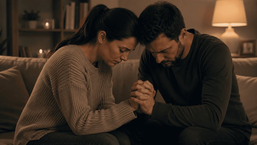 Homem e mulher sentados no sofá, de cabeça baixa, com as mãos unidas.