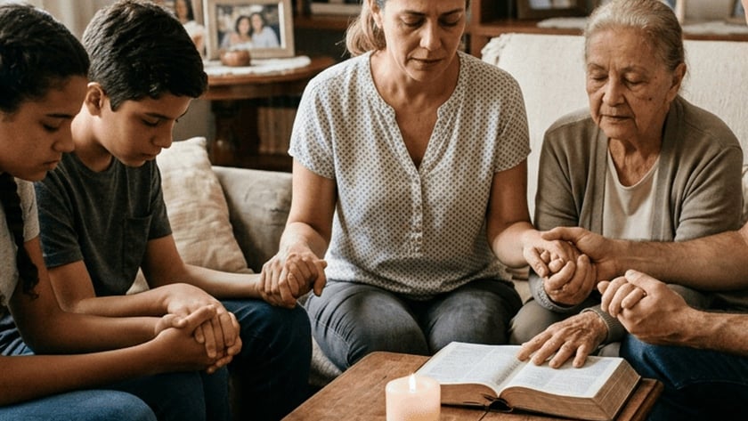 Família de mãos dadas em oração ao redor de uma Bíblia aberta e uma vela na sala.