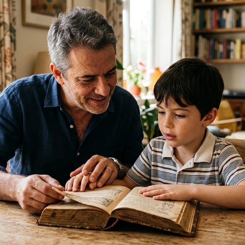 Homem de cabelos grisalhos e menino leem juntos um livro antigo sobre uma mesa de madeira.
