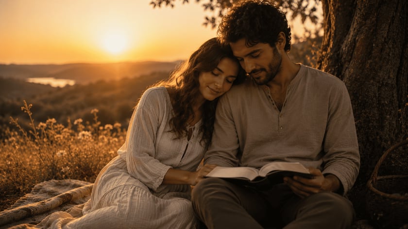 Casal sentado ao ar livre, ela com a cabeça no ombro dele, que lê um livro.