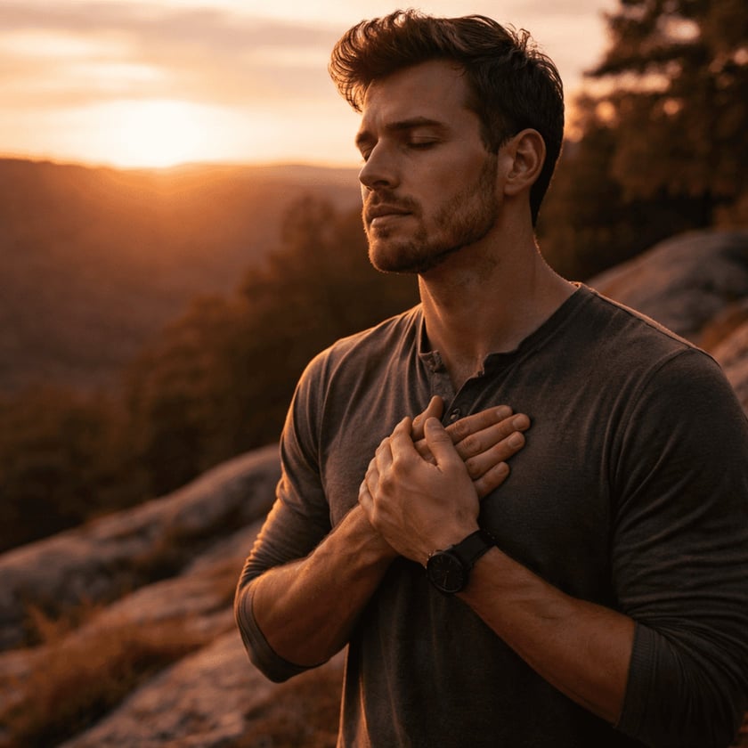 Homem de olhos fechados e mãos sobre o peito, em um mirante rochoso ao pôr do sol.