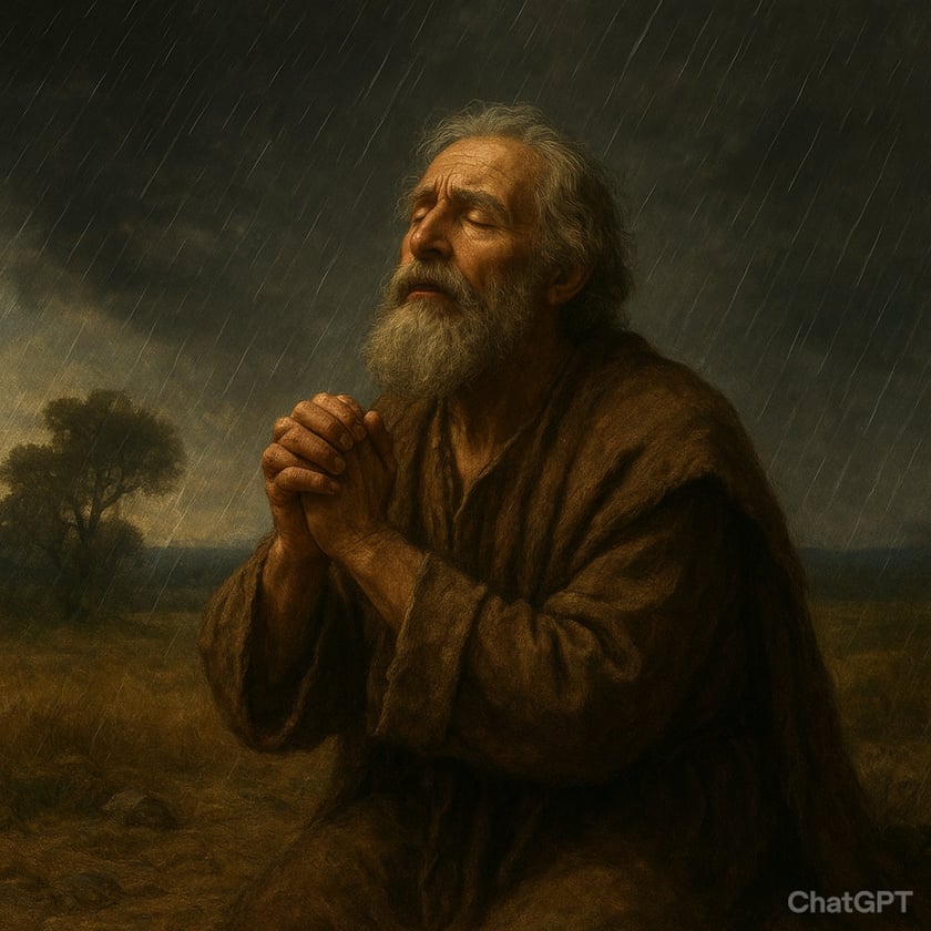 Homem idoso de barba grisalha ajoelhado com as mãos postas sob a chuva em um campo. "ChatGPT"