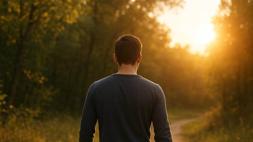 Homem de costas, de camisa escura e jeans, caminha por uma trilha de terra na mata.