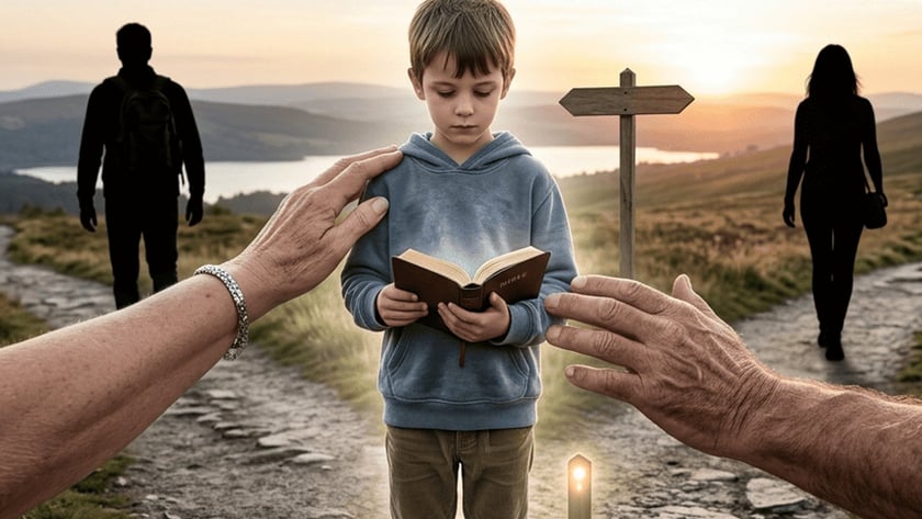 Menino segura um livro entre duas mãos adultas, numa bifurcação ao pôr do sol.