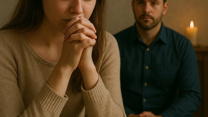 Mulher de mãos postas e olhos fechados, com um homem sentado atrás dela, diante de uma cruz.