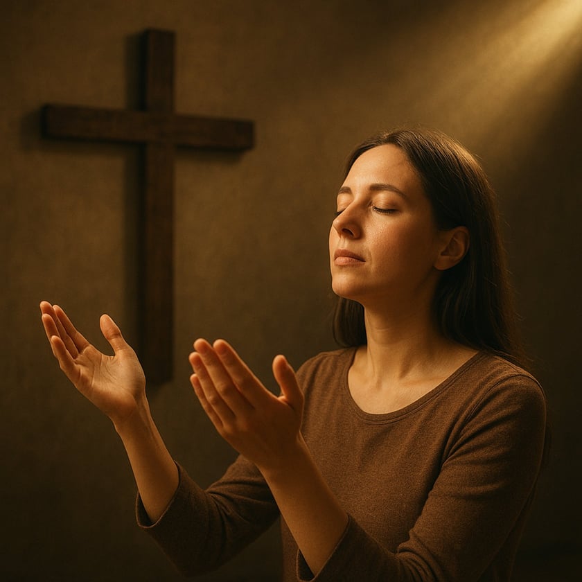 Mulher de olhos fechados e mãos abertas diante de uma cruz de madeira na parede.