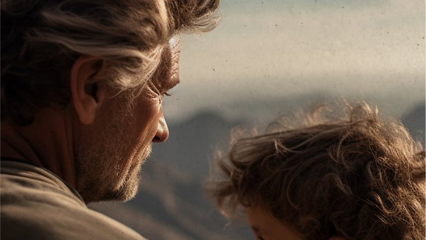 Homem de cabelo grisalho e barba olha para um menino de cabelo cacheado, com montanhas ao fundo.
