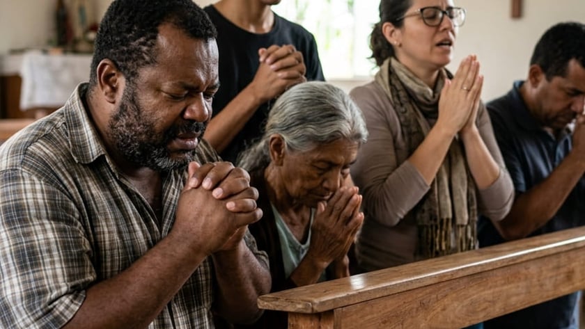 Cinco pessoas rezam de mãos postas em uma capela com cruz de madeira na parede.