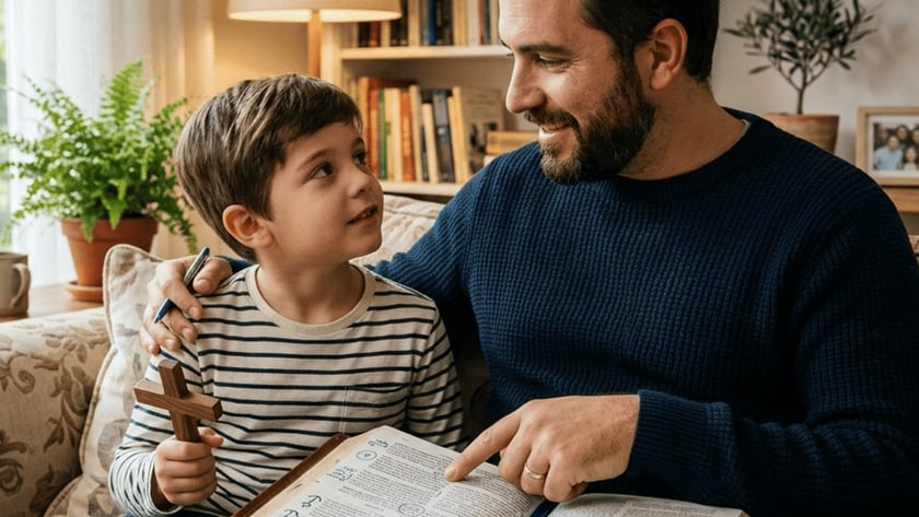 Pai e filho sentados no sofá, com uma Bíblia aberta no colo e uma cruz de madeira.
