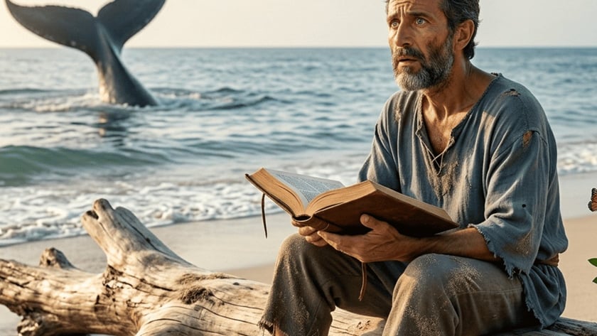 Homem barbudo de roupas rasgadas lê um livro sobre um tronco na praia, com baleia ao fundo.
