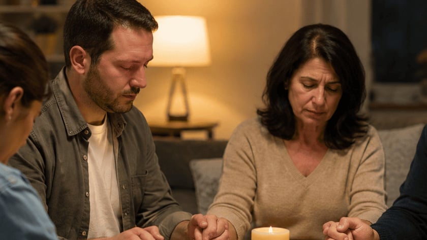 Cinco pessoas de mãos dadas e olhos fechados ao redor de uma mesa com velas.