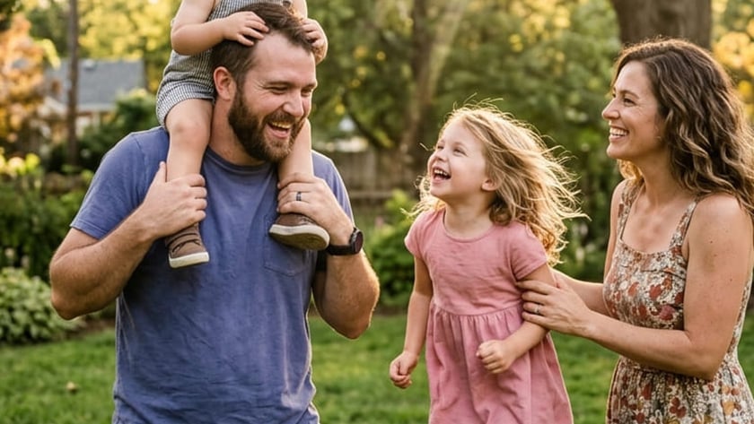 Família brinca em um quintal: pai com menino nos ombros, menina e mãe.