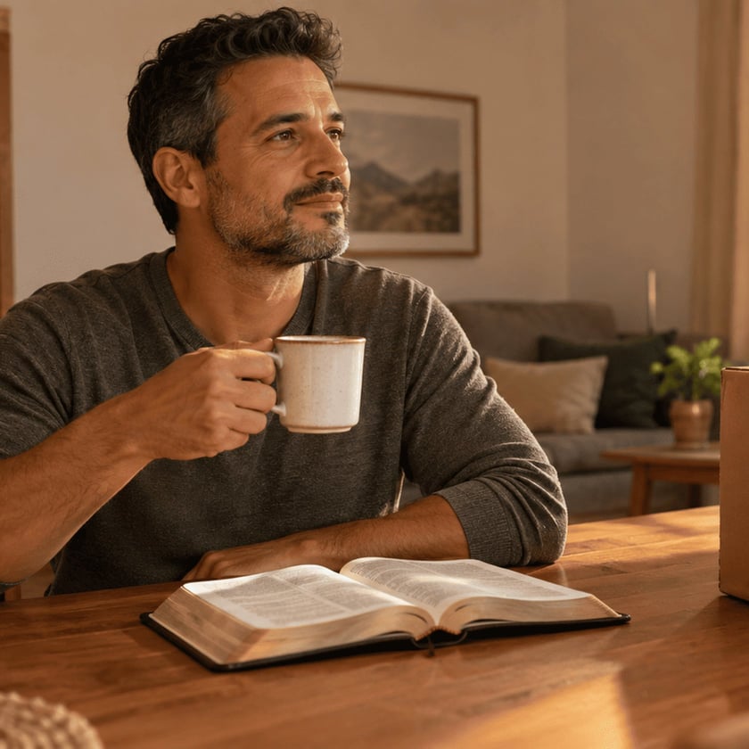 Homem de barba segura uma caneca à mesa, com Bíblia aberta e caixa de papelão.