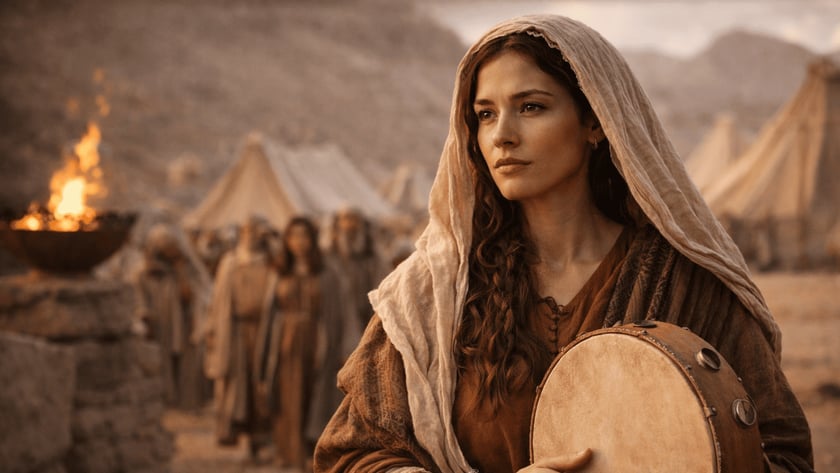 Mulher de manto e véu claro segura um pandeiro diante de tendas no deserto.