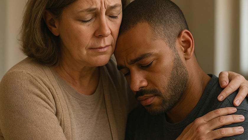Mulher de meia-idade abraça um homem de barba curta, que apoia a cabeça nela.