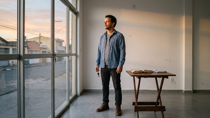 Homem de camisa azul segura chaves em sala vazia, olhando pela janela.