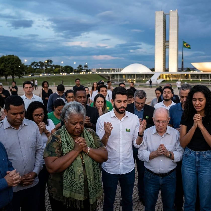Grupo de pessoas de olhos fechados e mãos juntas rezando diante de edifício com duas torres.