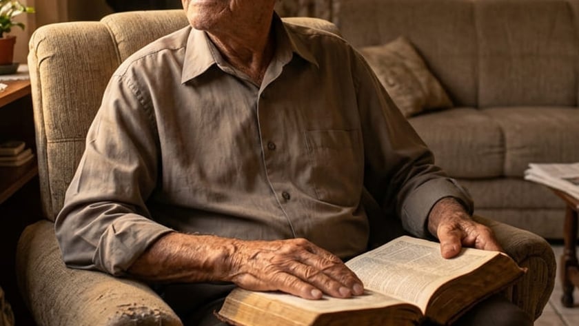 Idoso sentado em poltrona na sala, com um livro grande aberto no colo.