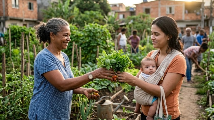 Duas mulheres trocam um maço de ervas numa horta comunitária; uma carrega um bebê.
