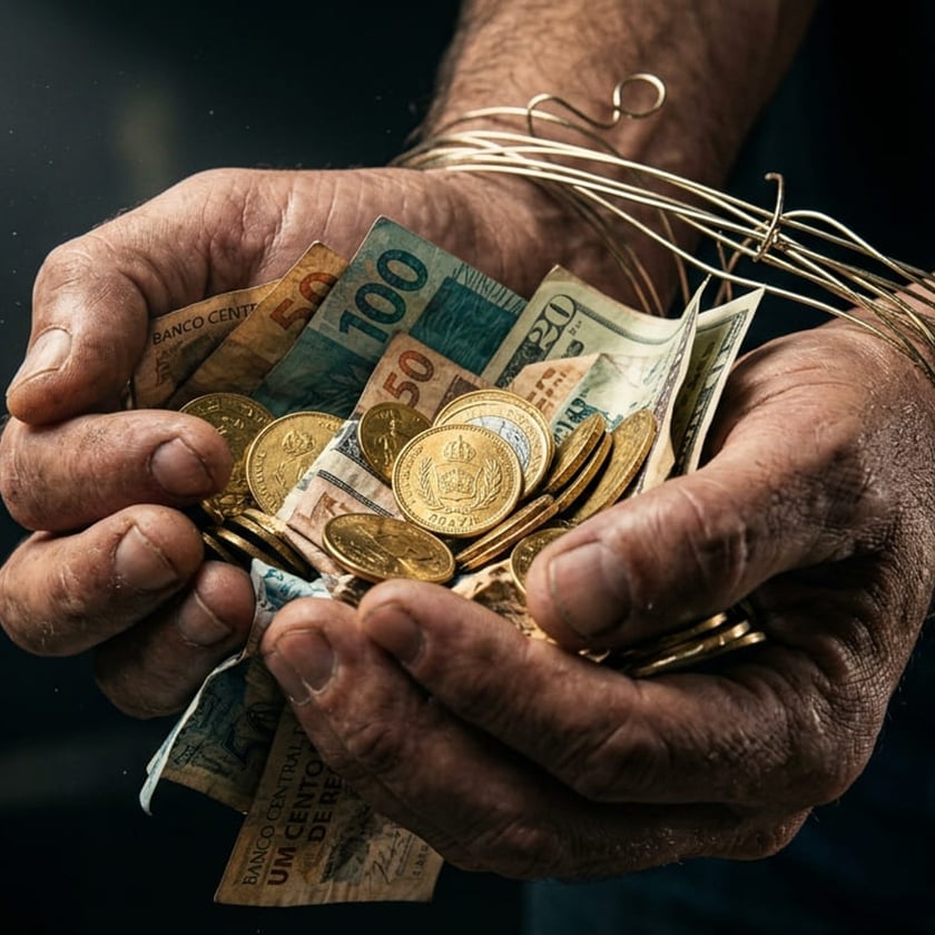 Mãos calejadas seguram cédulas e moedas douradas, com fios metálicos enrolados nos pulsos.