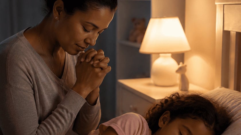 Mulher de mãos juntas e olhos fechados ao lado de uma menina dormindo abraçada a um ursinho.