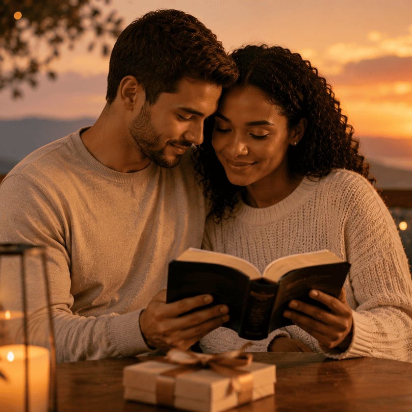 Casal de suéteres claros lê um livro juntos à mesa ao pôr do sol.