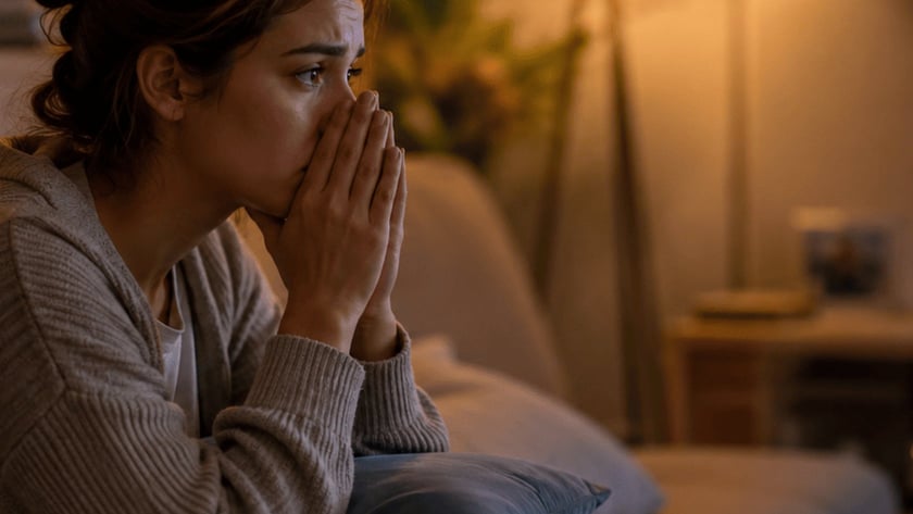 Televisão exibe repórter de terno com microfone, em sala com sofá, xícara e cesta com planta.