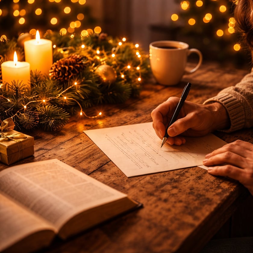 Pessoa escreve uma carta à mão numa mesa de madeira com velas, galhos de pinheiro e xícara.