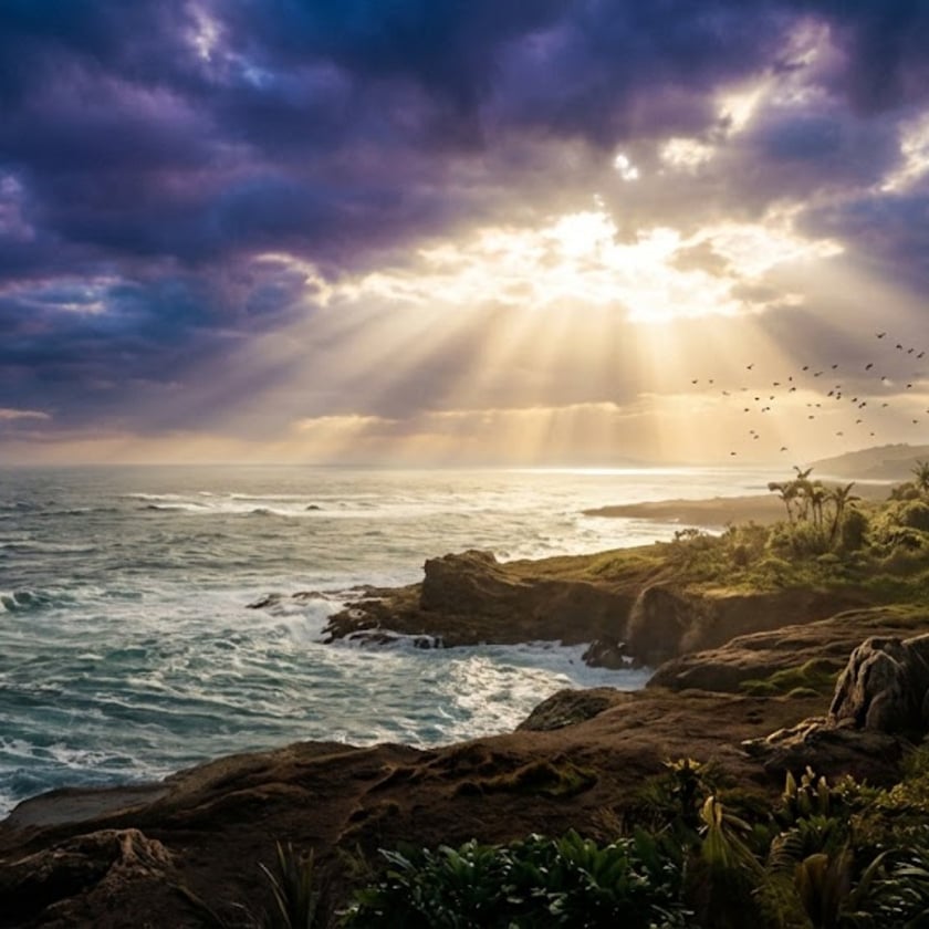 Costa rochosa com vegetação tropical, mar agitado e raios de sol entre nuvens escuras.