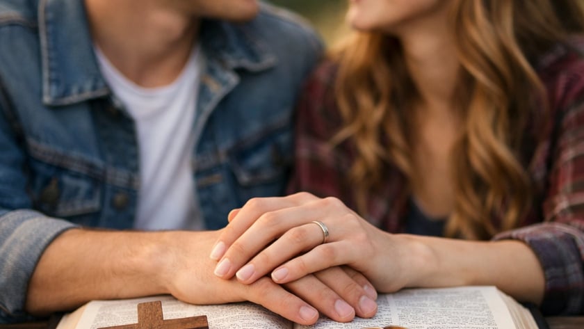 Casal sorri de frente um para o outro, de mãos dadas sobre uma Bíblia aberta com cruz e alianças.