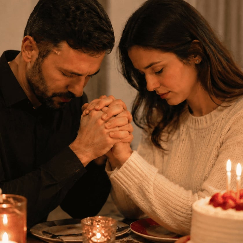 Casal de mãos dadas e cabeça baixa à mesa, com bolo de velas acesas.