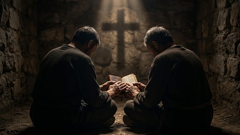 Dois homens sentados no chão de uma cela de pedra seguram um livro aberto.