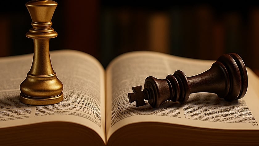 Rei de xadrez dourado em pé e rei marrom caído sobre um livro aberto.