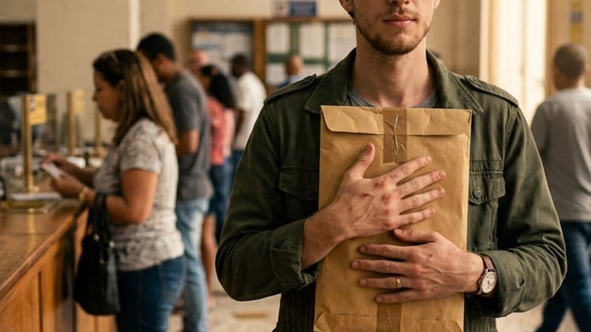 Homem de olhos fechados, com manchas na mão, segura envelope pardo em um saguão movimentado.