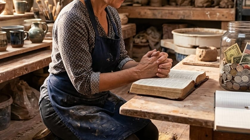 Mulher de avental ajoelhada, de mãos postas sobre uma Bíblia aberta, em um ateliê de cerâmica.