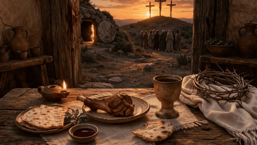 Mesa com cordeiro assado, pães e cálice; ao fundo, três cruzes, túmulo aberto e mulheres.