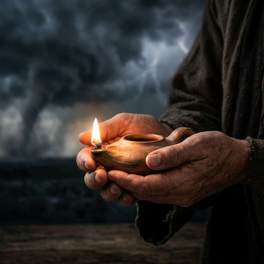 Mãos de um homem seguram uma lamparina de barro acesa diante de um tornado.