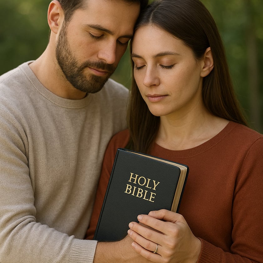 Homem e mulher de olhos fechados, encostando as testas, seguram uma Bíblia ao ar livre: "HOLY BIBLE"