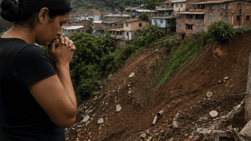 Mulher de preto, com as mãos junto ao rosto, olha um deslizamento de terra perto de casas.
