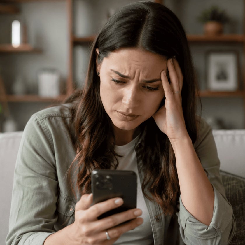 Mulher de cabelo escuro sentada no sofá, olhando o celular com a mão na testa.