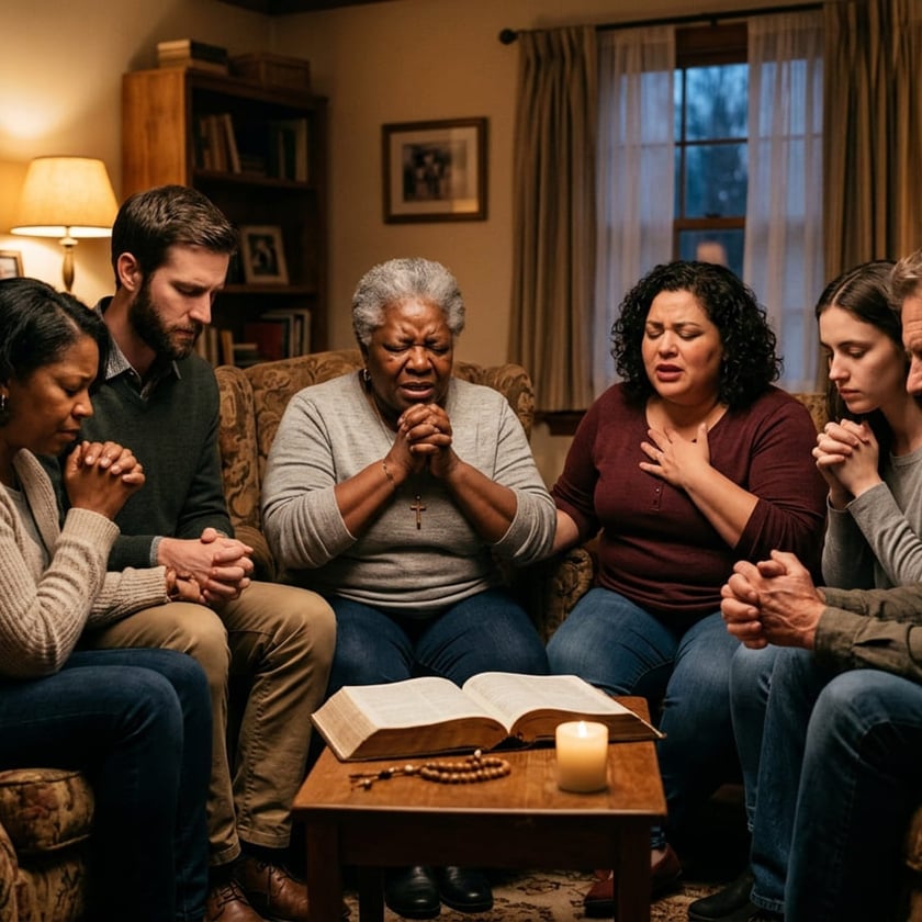 Cinco pessoas rezam de mãos postas numa sala, com uma Bíblia aberta e uma vela à frente.