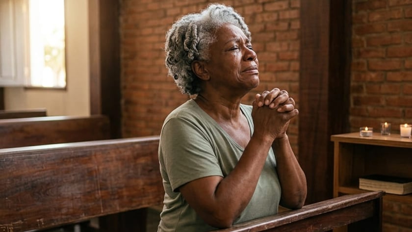 Mulher idosa de cabelos grisalhos ajoelhada, com as mãos unidas, em um banco de igreja.
