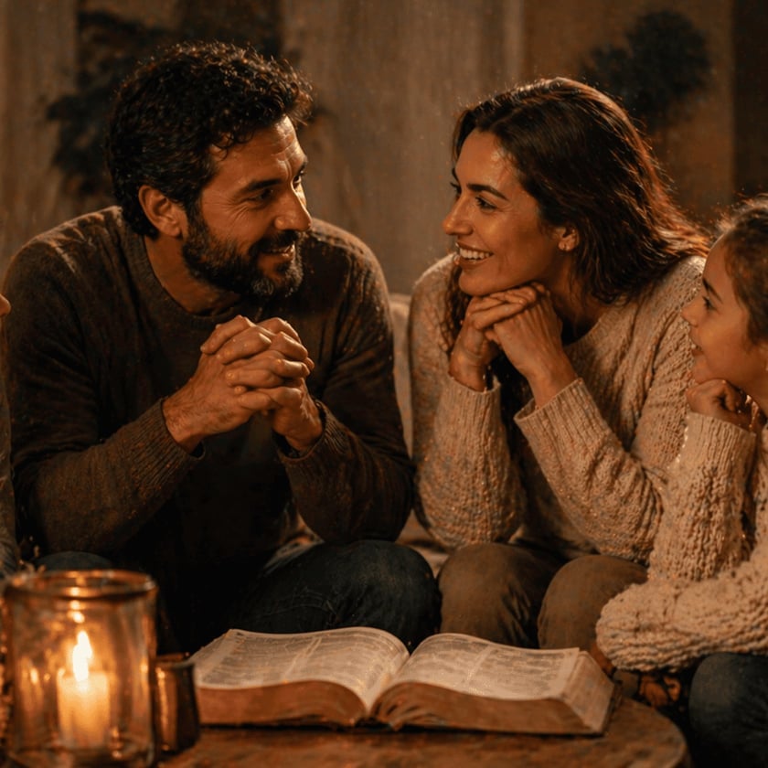 Homem, mulher e menina sentados diante de uma Bíblia aberta e uma vela, conversando.