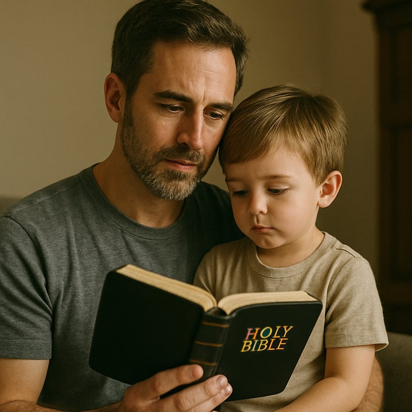 Homem de barba segura uma Bíblia aberta enquanto um menino no colo observa a leitura. "HOLY BIBLE"