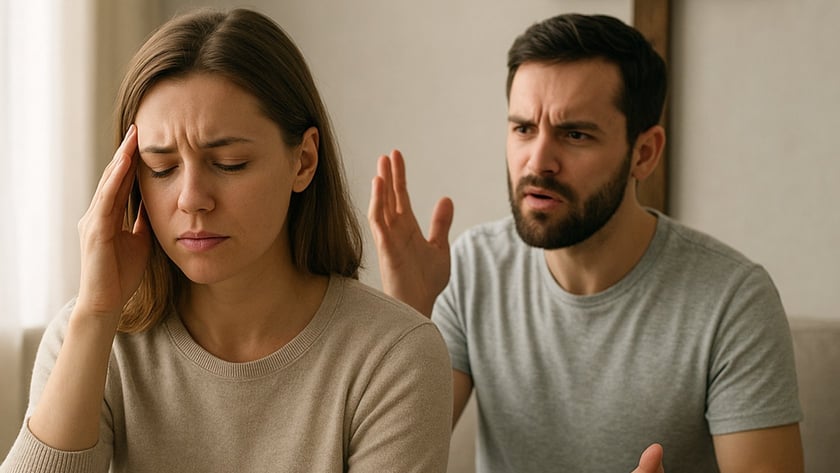 Mulher com a mão na testa e homem gesticulando atrás dela, em sofá, diante de uma cruz.